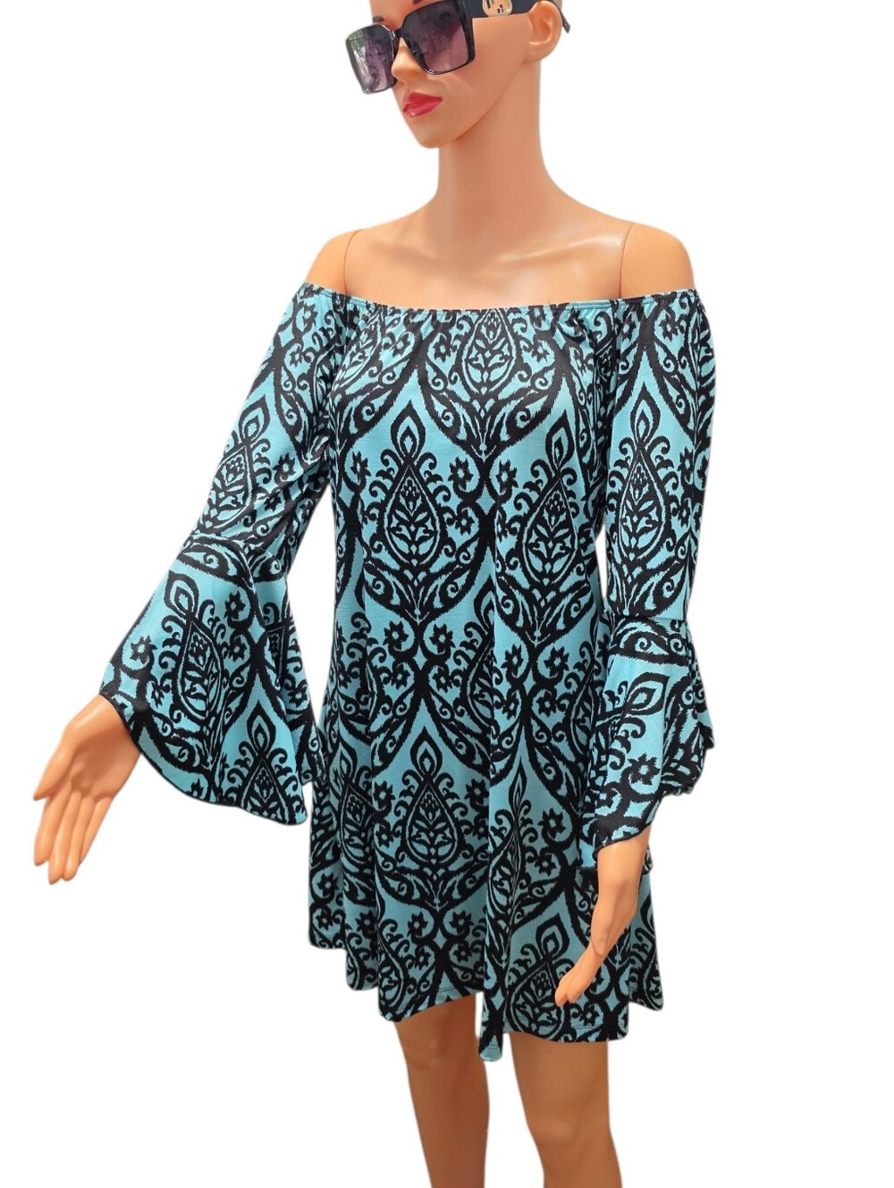 2B Together Off The Shoulde  Blue Damask Print Bohemian Resortwear Mini Dress S